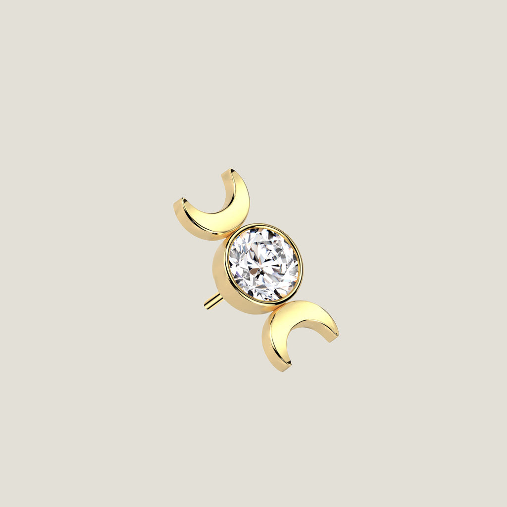 Implant Grade Titanium Threadless Push In Round Bezel Set CZ Top With Double Crescent Moon