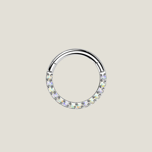 Implant Grade Titanium Hinged Segment Hoop Ring With Forward Facing Pave Opal Front