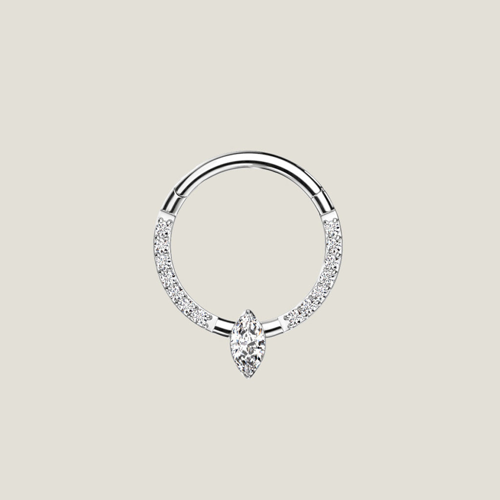 Implant Grade Titanium Hinged Segment Hoop Ring With Marquise CZ or Opal Center and Pave CZ Sides