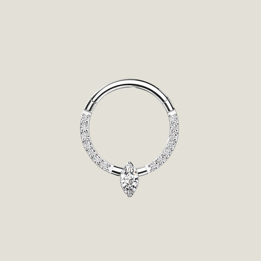 Implant Grade Titanium Hinged Segment Hoop Ring With Marquise CZ or Opal Center and Pave CZ Sides